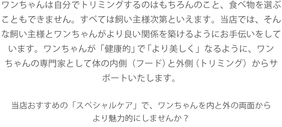 ワンちゃんは自分でトリミングするのはもちろんのこと、食べ物を選ぶこともできません。すべては飼い主様次第といえます。当店では、そんな飼い主様とワンちゃんがより良い関係を築けるようにお手伝いをしています。ワンちゃんが「健康的」で「より美しく」なるように、ワンちゃんの専門家として体の内側（フード）と外側（トリミング）からサポートいたします。